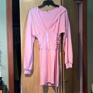 Pink Short Sporty Dress With Low Cleavage Zipper Hood Size Medium/Large